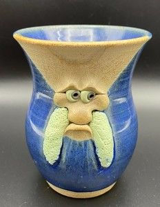 Studio Art Pottery Figural Funny Face Long Mustache Blue Coffee Mug Cup 10oz